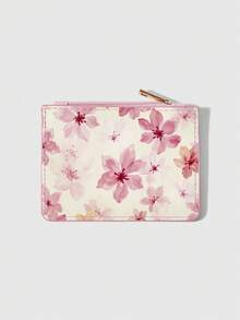 ROMWE Kawaii Ladies Pink Cherry Watercolor Zipper Card Bag, Gentle Cherry Blossom Printing Card Holder, Portable Bank Card Change Bag. - Pink White - View 2