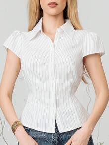 PRISCILA ESCOTO PRISCILA ESCOTO Women's Casual Striped Front Button Waist Shirt, Summer White Silver Office - White - View 3