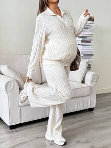 SHEIN Maternity Textured Zipper Half-Placket Long Sleeve Top And Adjustable Waist Long Pants 2 Pieces Set Fall - White - View 4