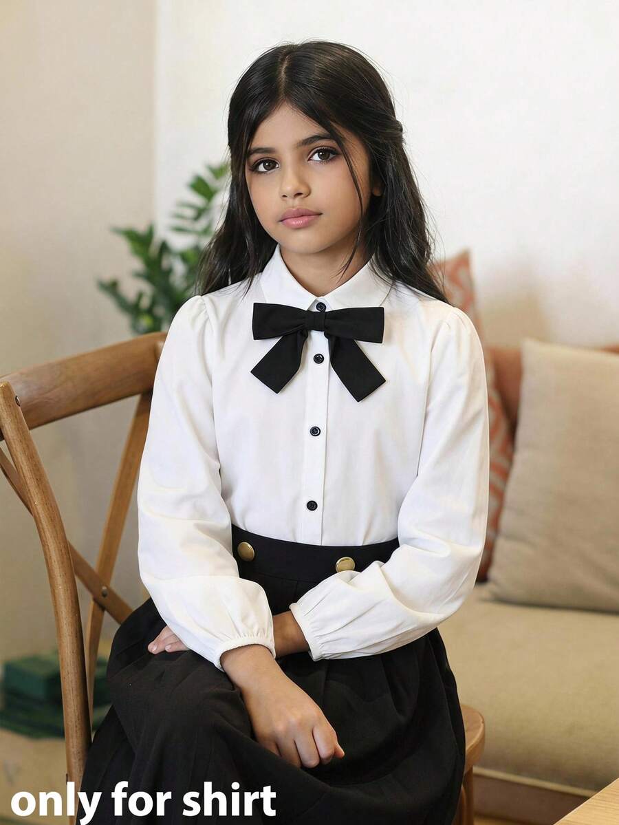Firerie Kids 兒童青少年女孩純色蝴蝶結裝飾休閒學院風優雅白色襯衫，校園風，返校季，基礎百搭適合疊穿，秋季 - 白色 - 查看 1