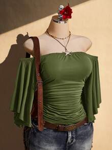 SHEIN ICON 女款大尺碼抓褶修身露肩上衣 - 軍綠色 - 查看 1