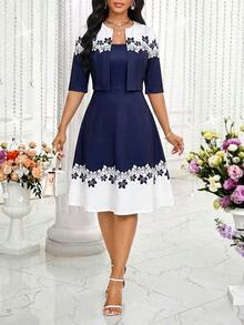 SHEIN Lady 春夏秋冬優雅辦公室派對新年女款洋裝 - 藏蓝色 - 查看 1