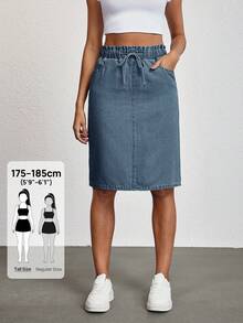 SHEIN Tall 女款時尚百搭口袋綁帶休閒牛仔裙 - 藍色 - 查看 7