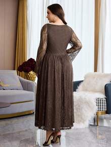 Feyla Plus Size Elegant Party Solid Color Lace Asymmetric Neckline Dress - Coffee Brown - View 2