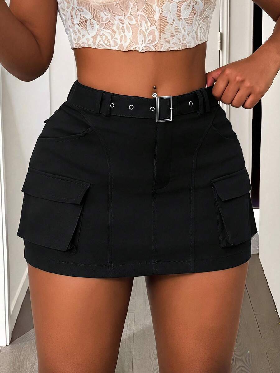 BamGleam Ladies' Solid Color Belted Skirt With Pocket Design, Summer