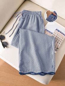 CosyJoli Plus Size Women's Drawstring Waist Plaid Casual Daily Wide Leg Pants Fall - Navy Blue - View 2