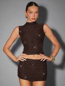 Hauture Sexy Summer Party Burgundy Red Mock Neck Hot Fixed Rhinestone Double Layer Mesh Tank Top - Brown - View 4