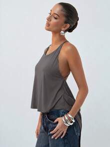 Hauture Backless Halter Top With Silver Line Trim - Dark Grey - View 2