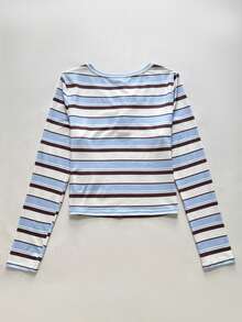 SHEIN 青少年女孩緊身按扣長袖T恤，休閒Y2K上衣，藍白棕條紋上衣 - 藍色 - 查看 2