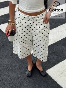 Muchica Women's Polka-Dot Print Cropped Wide-Leg Shorts – Music Festival Outfits Holiday Daily White And Black Polka Dot Summer 70s Bar Casual 90s - Black and White - View 5