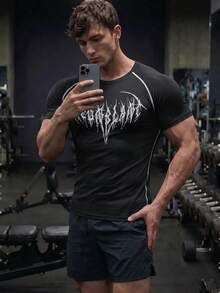 GymBeat Men's Skull Print Round Neck Short Sleeve Compression T Shirt,Black Summer Goth Gym Workout Shirt,Casual Lightweight Rash Guard For Daily & Sports - Black - View 4
