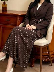 SHEIN Clasi Brown Suit Polka Dot Mermaid Skirt With Single-Breasted Two-Button Same-Color Round Buttons, Symmetrical Front Patch Pockets Design, Vintage Commuter Details Plus Size 2 Pieces Set - Coffee Brown - View 8
