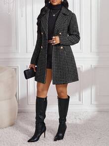 SHEIN Lady 女款格紋翻領長袖雙排扣優雅大衣 - 黑與白 - 查看 3