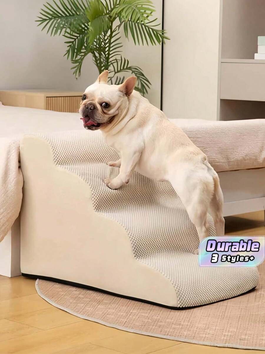 1pc Layer Beige Pet Climbing Ramp Stair Anti Slip Base Soft Wear Resistant Foam Step With Removable Washable Cover Joint Supportive Ladder For Senior Injured Pets Indoor Bed Sofa Access Portable Pet Ramp Furniture Helper - Beige - View 1