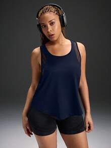 Powerista Women's Plus Size Summer And Spring Navy Blue Color Sleeveless Athletic Performance Tee With Run It Red Color Graphic And Breathable Mesh - Navy Blue - View 6