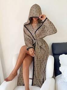 Napfluff Cute Bow Polka Dot Print Mid-Length Hooded Robe - Multicolor - View 7