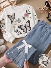 SHEIN Tween Girls 2pcs/Set White Soft Style Pearl Butterfly Print Sweatshirt & Split Hem Pearl, Fall, Back To School, Casual, Minimalist, Warmth, Jeans Suit - Multicolor - View 1