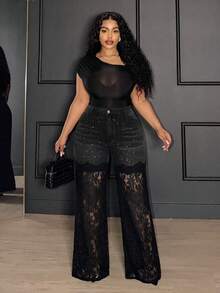 Slaydiva Plus Size Fashion Street Sequin Lace Patchwork Button Denim Jeans,Black Rhinestone Lace Panel Flare Jeans,Y2K ,Halloween,Christmas,Elegant,New Year - Black - View 5