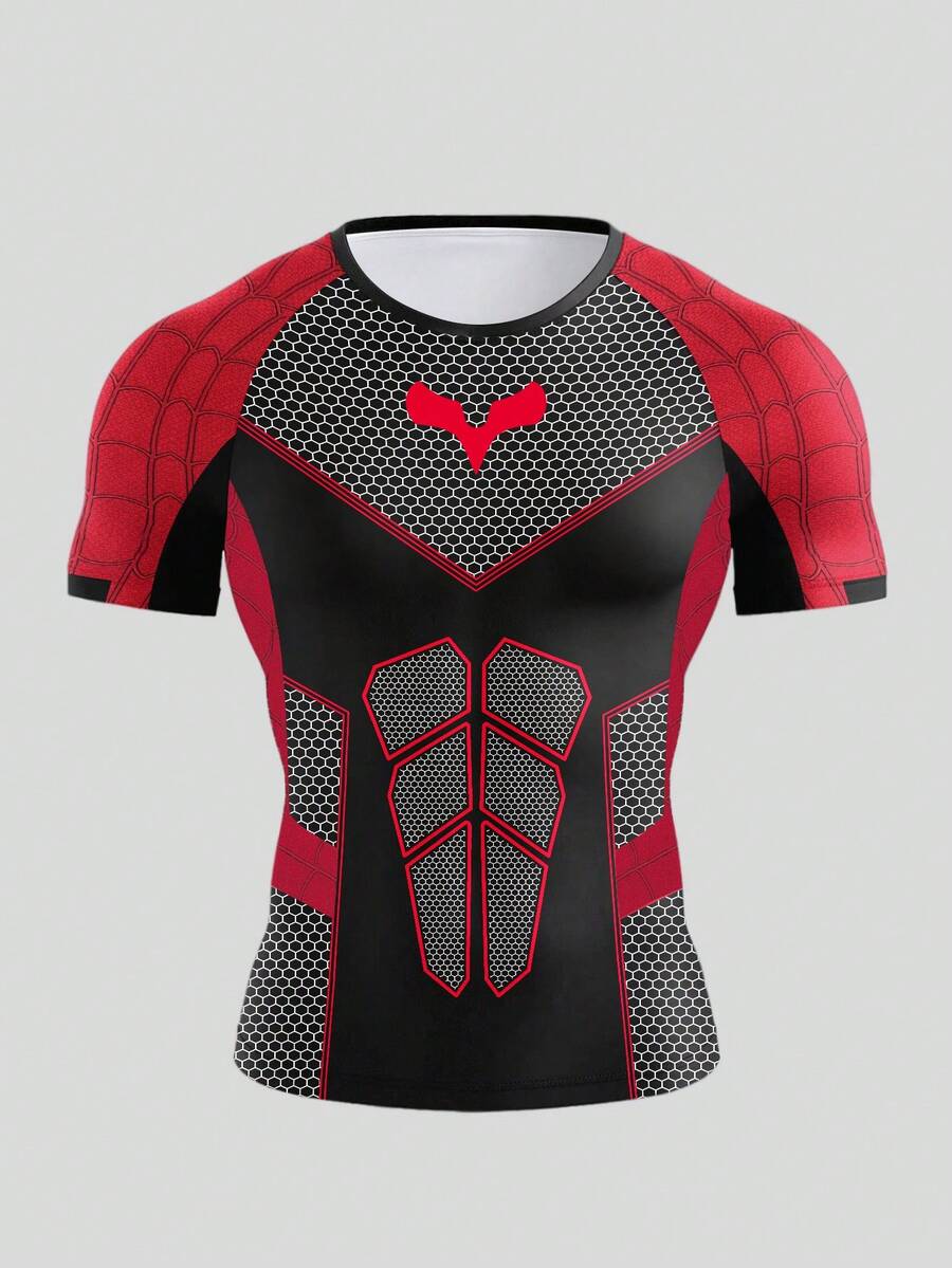 Coreblaze Men's Geometric Print Raglan Short Sleeve Sports T-Shirt, Gym - Black - View 1