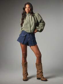 MISSGUIDED Blus Pendek Warna Sage dengan Kerah Tinggi, Lengan Panjang Mengembang, Detail Kerutan, Penutup Kancing, Kain Tenun, Atasan Kasual Musim Semi dan Musim Panas - Olive Green - View 5
