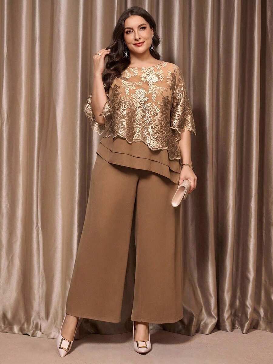 Reflora Plus Size Round Neck Embroidered Shirt And Solid Color Loose Long Pants 2 Pieces Set Wedding Formal Beige Summer Elegant - Khaki - View 1