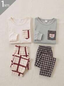 SHEIN Vintaside Kids 2件組 男童卡其駱駝色格紋長袖上衣與休閒寬鬆格紋長褲套裝，秋季 - 杏色 - 查看 8