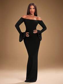 Radiana Women's Sexy Elegant 3D Puff Sleeve Cold Shoulder Black Long Fitted High Elastic Ribbed Knit Dress, Date Dinner Night Party Banquet Evening Ball Autumn - Black - View 7