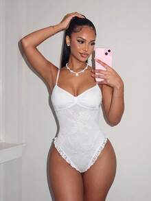 Amplova Women's One-Piece Bandeau Swimsuit With Lace, Sexy And Avant-Garde, Suitable For Vacation Wear, Tie-Front, Bow Back, Ruffled Hem, Night White Summer - White - View 2