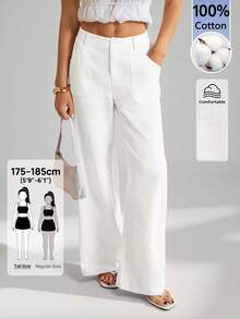SHEIN Tall 100%水洗棉低腰直筒長褲，適合高個女性 - 白色 - 查看 4