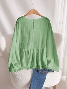 CosyJoli Plus Size Women's Casual Solid Color Long Sleeve Ruffle Hem Loose Blouse Fall - Green - View 2