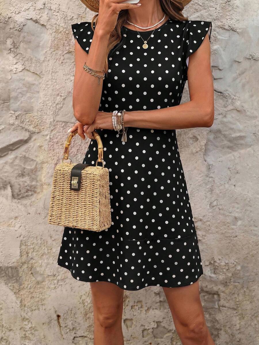 SHEIN Clasi 女款圓領短袖波點印花休閒迷你洋裝 - 黑色 - 查看 1