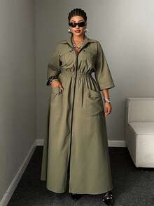 Mawevolt Plus Size Army Green Cinched Waist Double Zipper Cargo Pocket Shirt Dress, 3/4 Sleeve Collared Dress Fall - Army Green - View 2