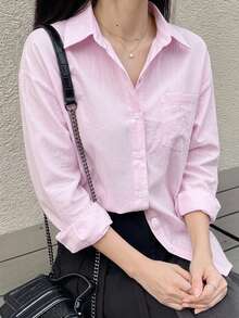 DAZY 女款素色休閒百搭日常長袖襯衫 - 粉色 - 查看 7