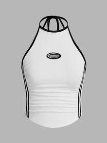 SHEIN ICON Color Block Pleated Halter Neck Backless Top With Border Sticker Fabric - White - View 6