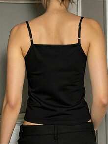 INAWLY Women's Solid Color Button Up Spaghetti Strap Black Camisole Top, Simple Design - Black - View 2