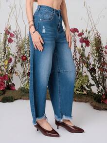 PRISCILA ESCOTO PRISCILA ESCOTO 女款休閒低腰破洞牛仔褲，適合都市通勤、商務、休閒穿著、辦公室、派對與聚會，秋季 - 中等水洗藍 - 查看 4