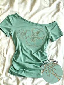 IslaSuriya Plus Size Summer Casual Rhinestone Decor Asymmetric Collar T-Shirt - White - View 1