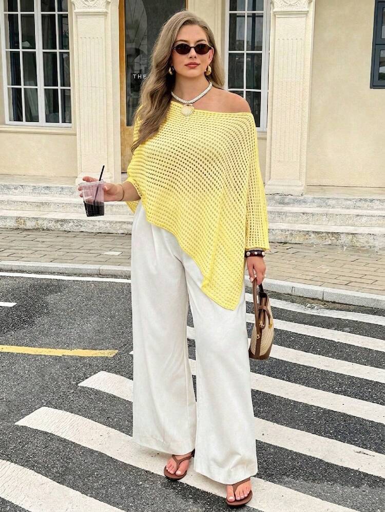 Easura Women's Spring/Summer/Autumn Fashion Casual Irregular Hollow-Out Off-Shoulder Loose Slimming Plus Size Long Sleeve Pullover Sweater Top, Outdoor Wear, Beach, Vacation - Pale Yellow - View 5