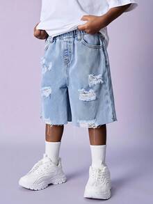 SHEIN Celana Pendek Denim Bermuda Longgar Warna Biru Muda Sobek Kasual untuk Anak Laki-Laki, Cocok untuk Pemakaian Sehari-hari di Musim Semi dan Musim Panas - Dusty Purple - View 3