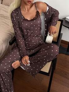 SHEIN 女童愛心印花長袖開襟衫、背心、長褲 3 件套居家服 - 咖啡棕 - 查看 1