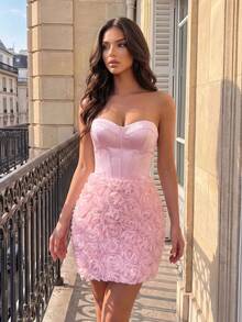Poshira Women's 3D Floral Decor Elegant Waist-Defining Cocktail Strapless Dress - Pink - View 1