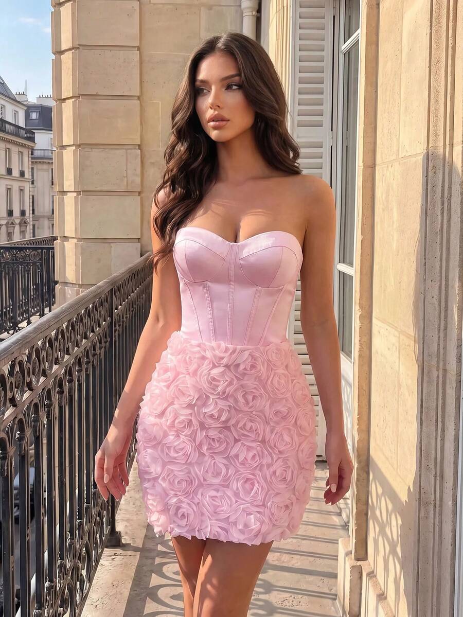 Poshira Women's 3D Floral Decor Elegant Waist-Defining Cocktail Strapless Dress - Pink - View 1