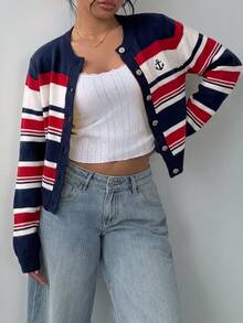 SHEIN BASICS 女款休閒沿海東岸風針織開襟衫，秋冬服飾，海軍藍與白色針織開襟衫旅行款 - 彩色 - 查看 6