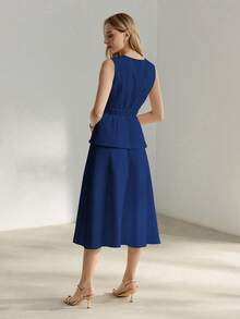 MOTF PREMIUM SOLID PEPLUM WAIST FLARE HEM BELTED DRESS WOMEN OUTFIT - Royal Blue - View 2