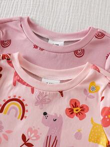 SHEIN Vintaside Kids 4件套女婴针织圆领短袖裤套装，卡通可爱花卉、植物、动物、狗狗、彩虹印花，浅粉色和粉粉色组合，休闲简约舒适紧身室内睡衣，夏季 - 粉色 - 查看 3