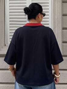 Livesso 對比色拼接寬鬆條紋 Polo 領中袖休閒夏季大尺碼女款 T-shirt - 黑色 - 查看 3