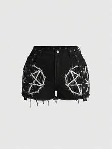 ROMWE Grunge Punk Vintage Punk Pentagram Print Ribbon Plus Size Denim Shorts - Black - View 1