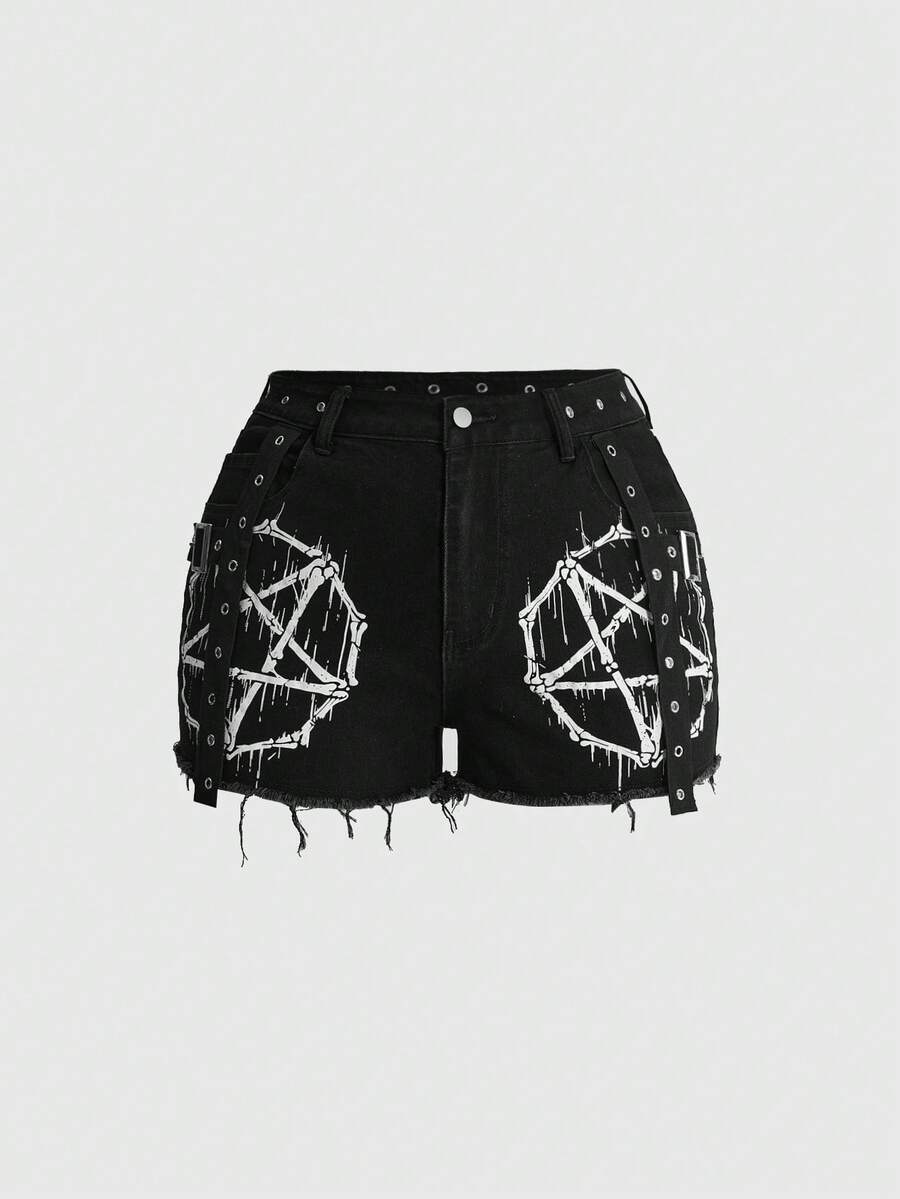 ROMWE Grunge Punk Vintage Punk Pentagram Print Ribbon Plus Size Denim Shorts - Black - View 1
