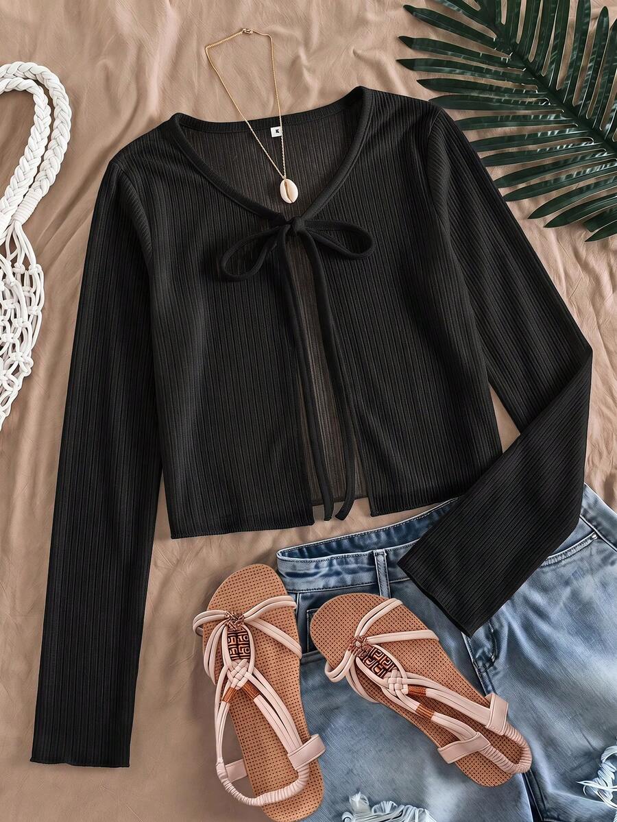 SHEIN كارديجان شتوي محبوك أبيض للبنات الصغيرات مع حافة مكشكشة للخريف - الأسود - مشاهدة 1