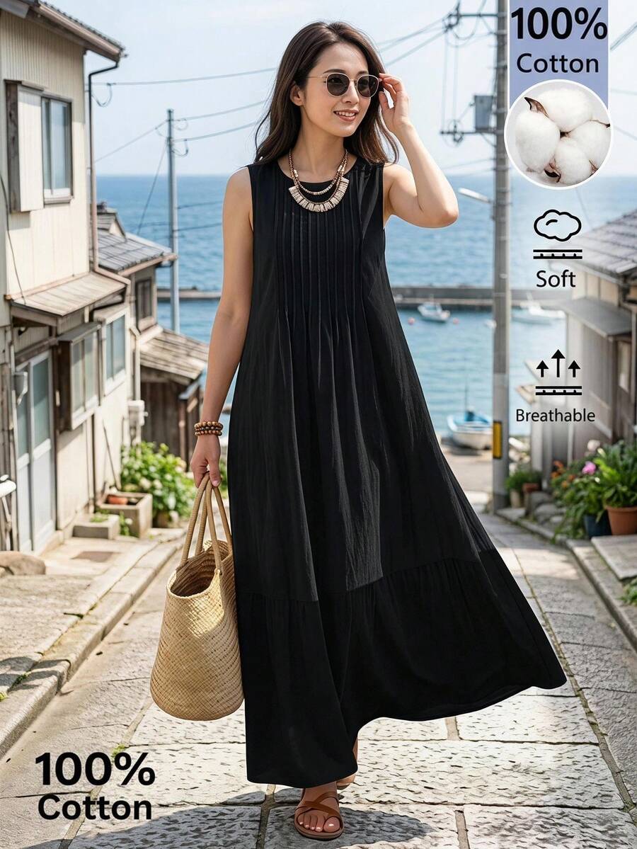 Rosumi Women's Plus Size Patchwork Vacation Casual Sleeveless Maxi Dress
